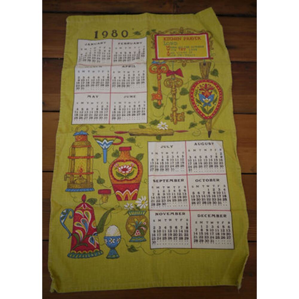 Vintage 1980 Calendar Linen Kitchen Hand Tea Dish Towel Dutch German Prayer